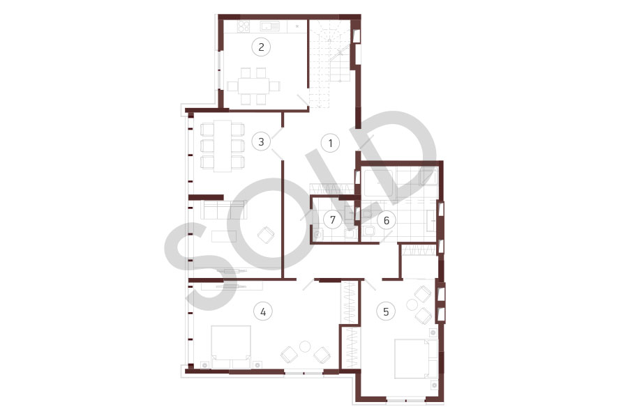Penthouse. Floor 1 with walls. Type P2.